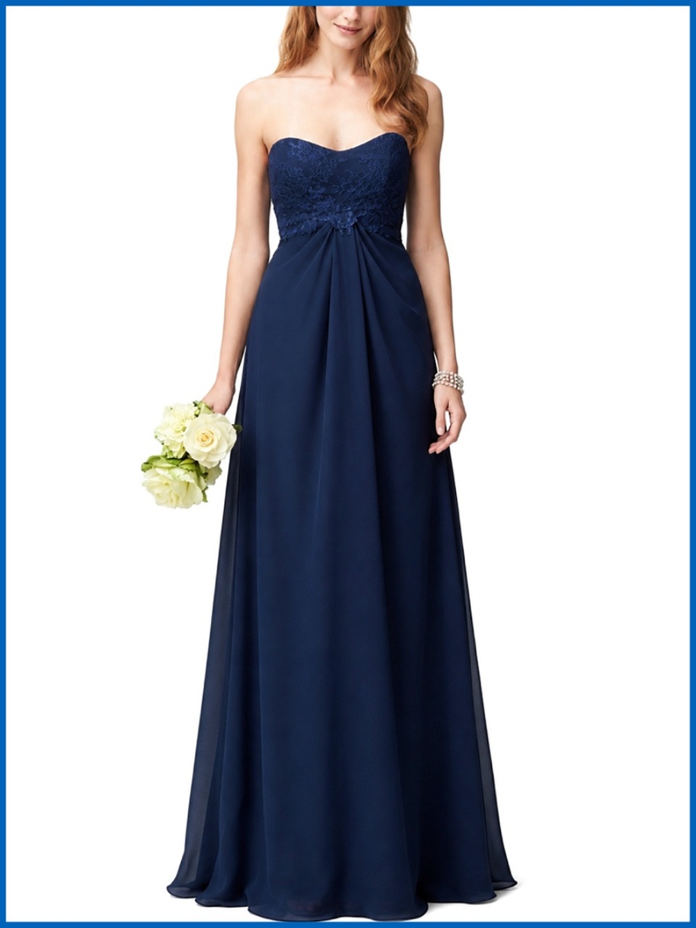 Monique Lhuillier Navy Blue Strapless Lace Gown Dress